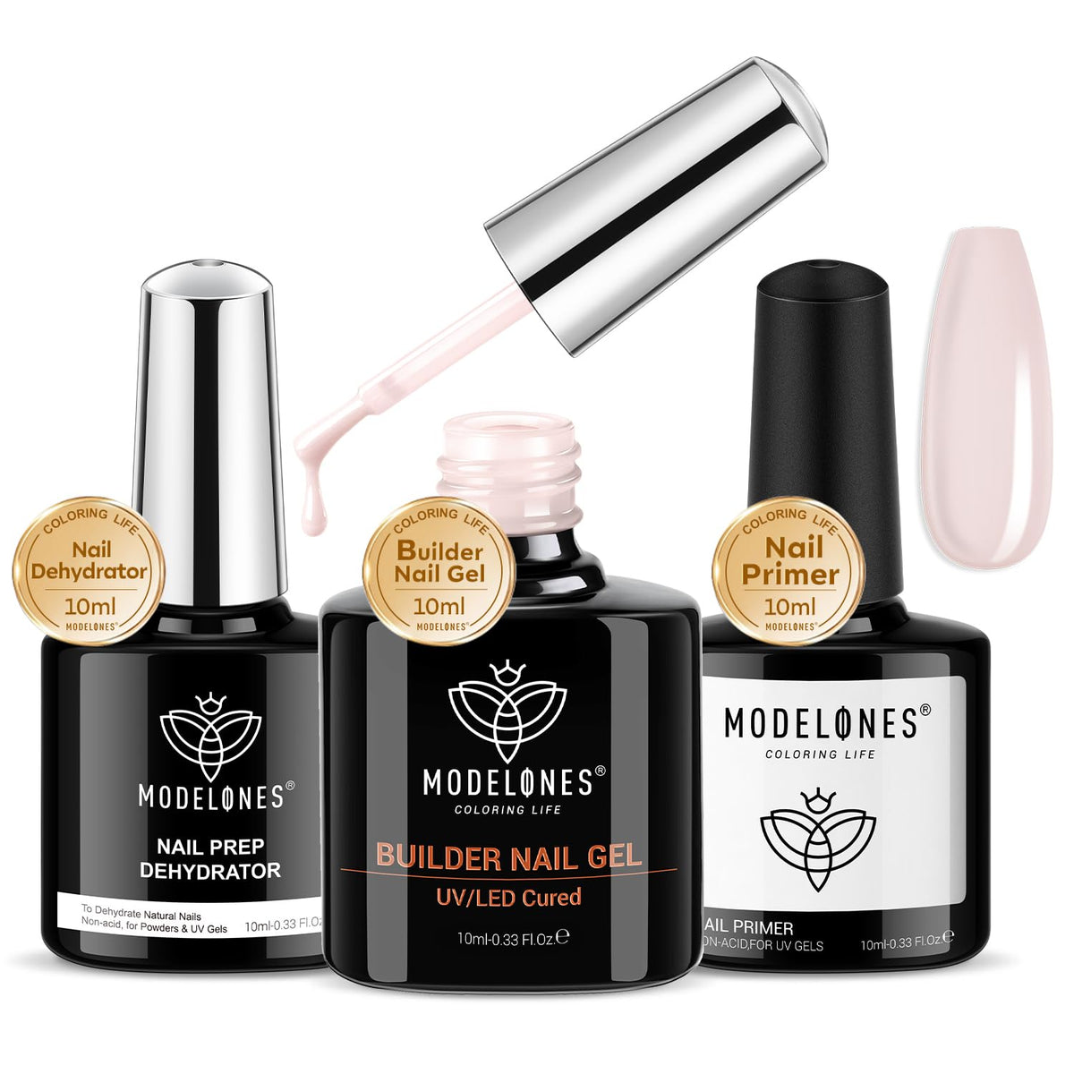Modelones nail dehydrator and primer set visual for improved adhesion and base prep.