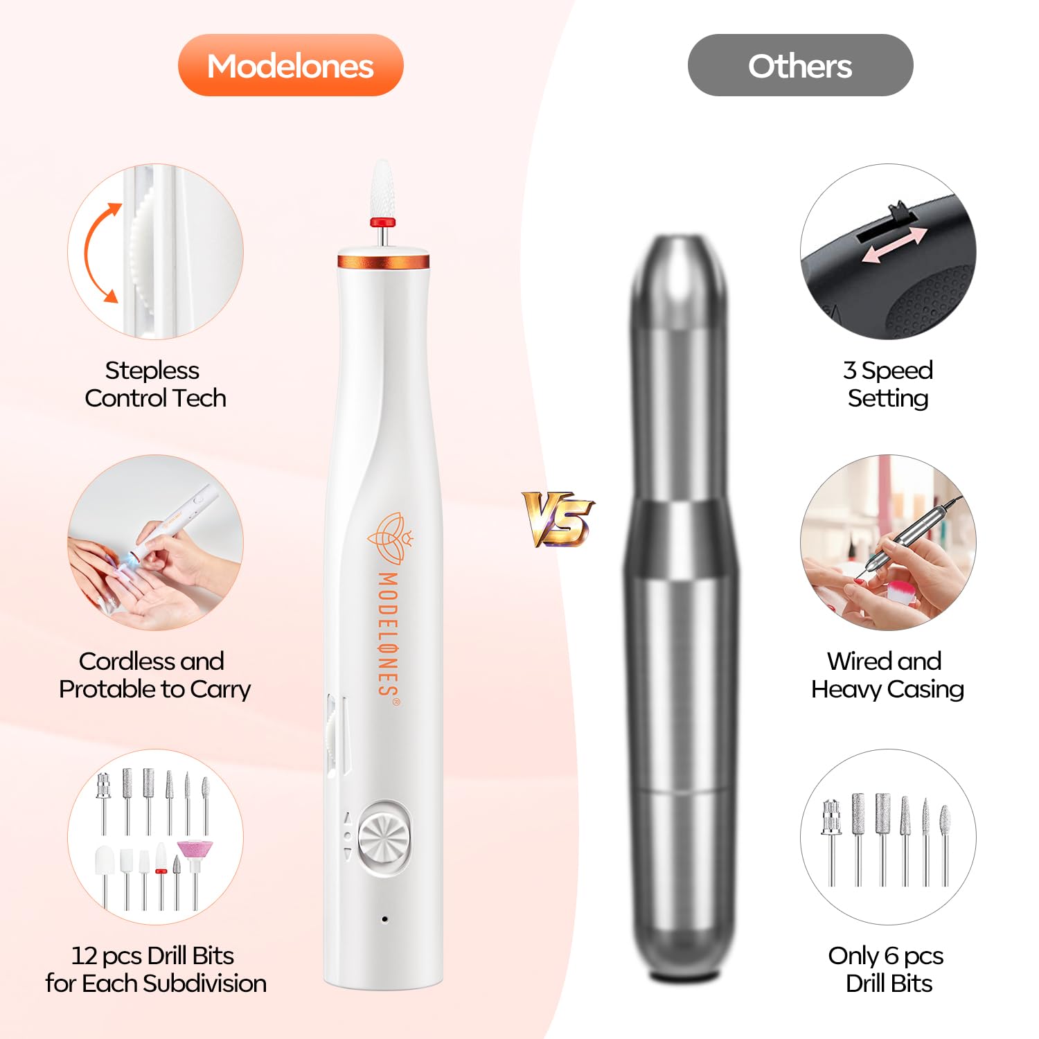 Modelones nail drill bits and sanding bands ideal for shaping and smoothing.