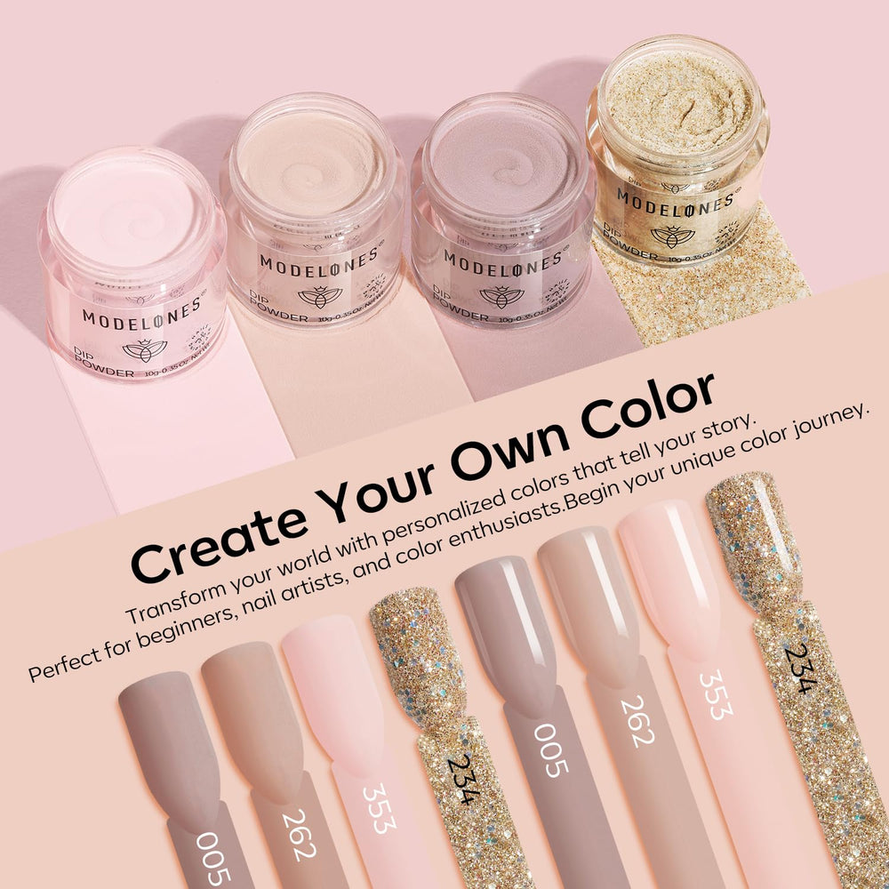 Modelones nude dip powder kit glitter gold for glam accents.
