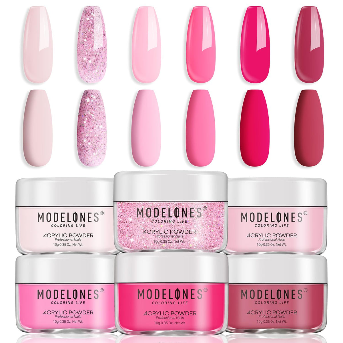 Modelones pink acrylic powder kit with six colors for versatile at home nail art