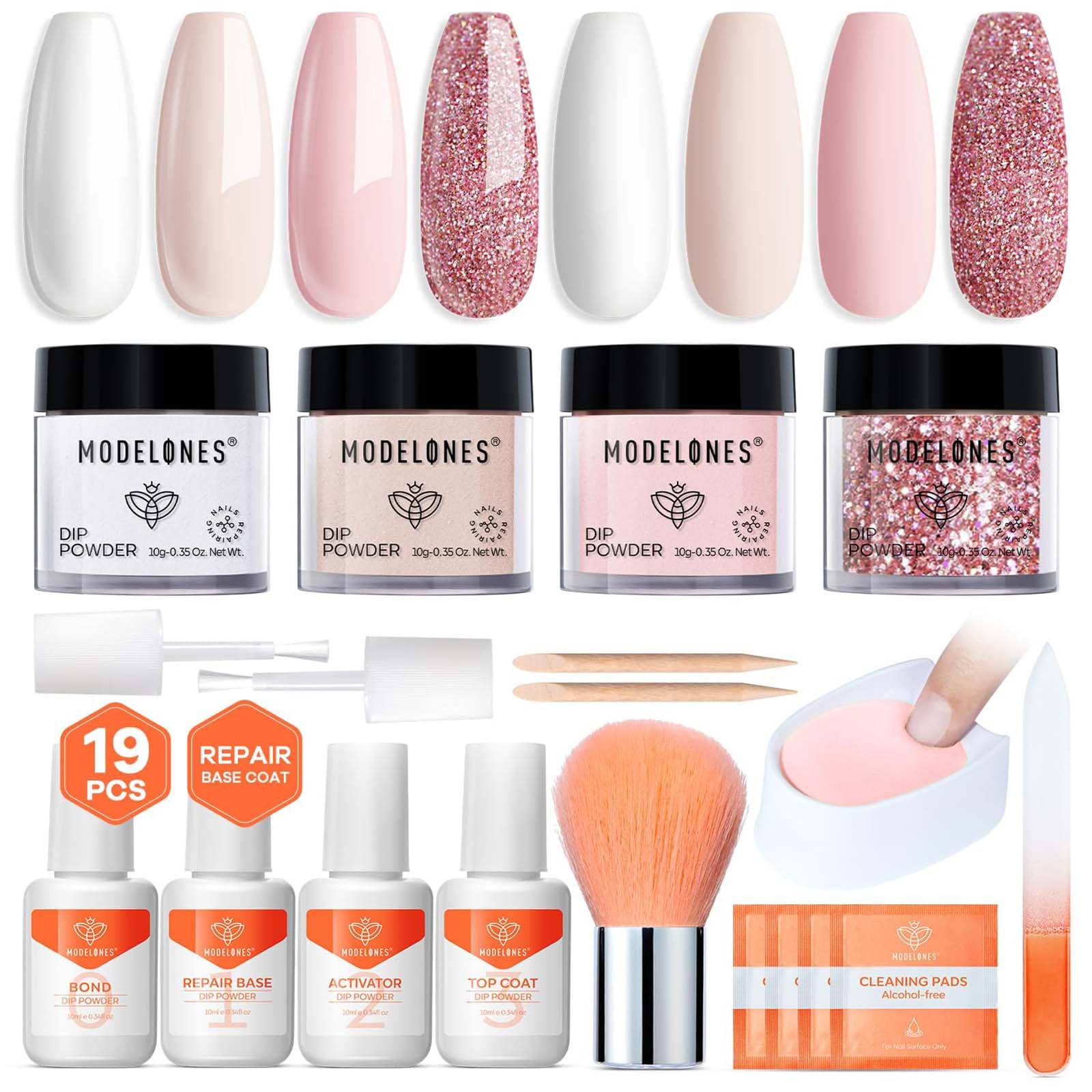 Modelones pink dip powder kit with four colors for versatile at-home nails.