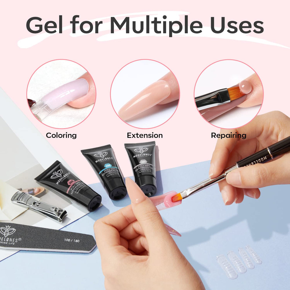 Modelones poly extension gel application demonstrates smooth DIY manicure.