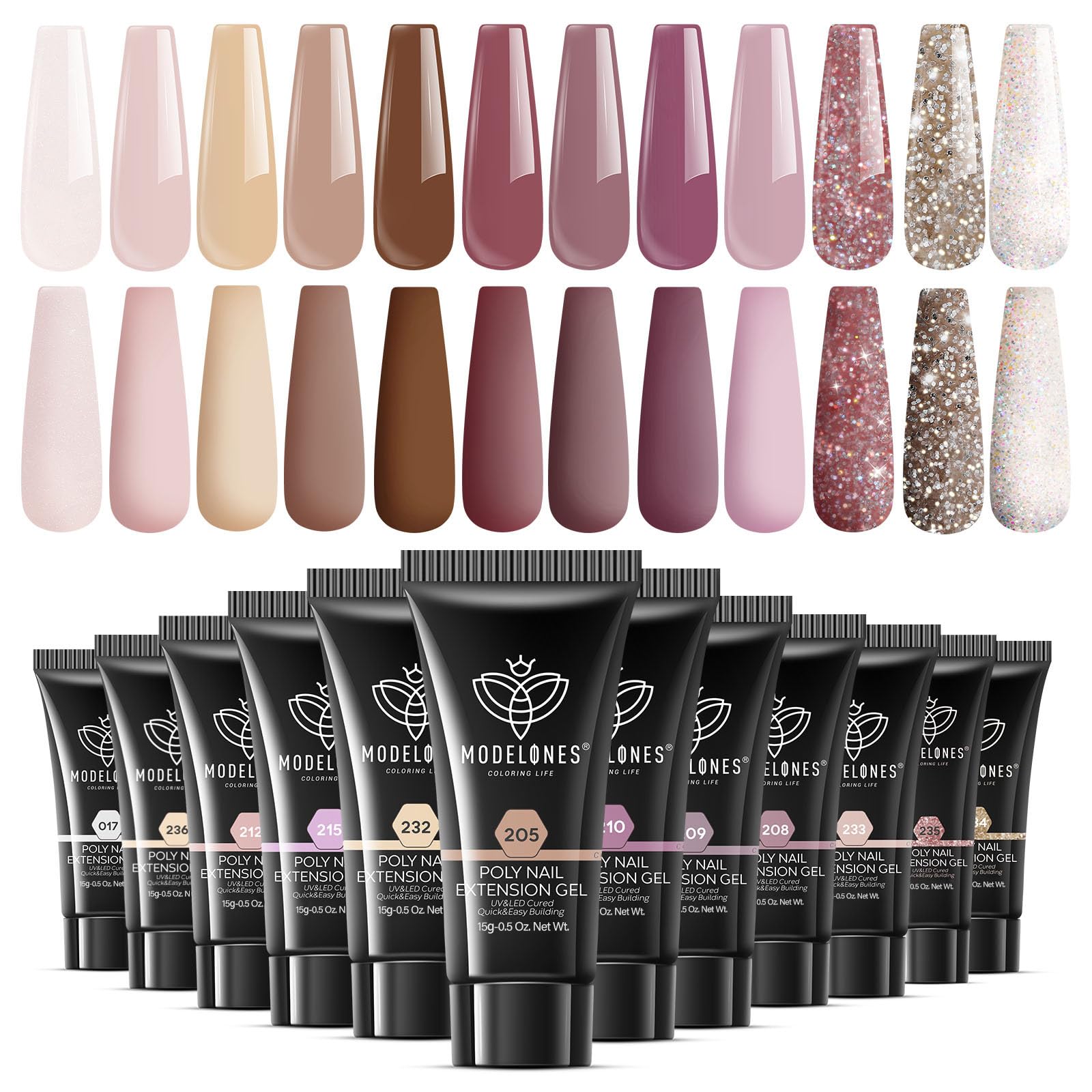 Modelones poly extension gel kit with 12-color pink glitter nude palette for versatile nail art