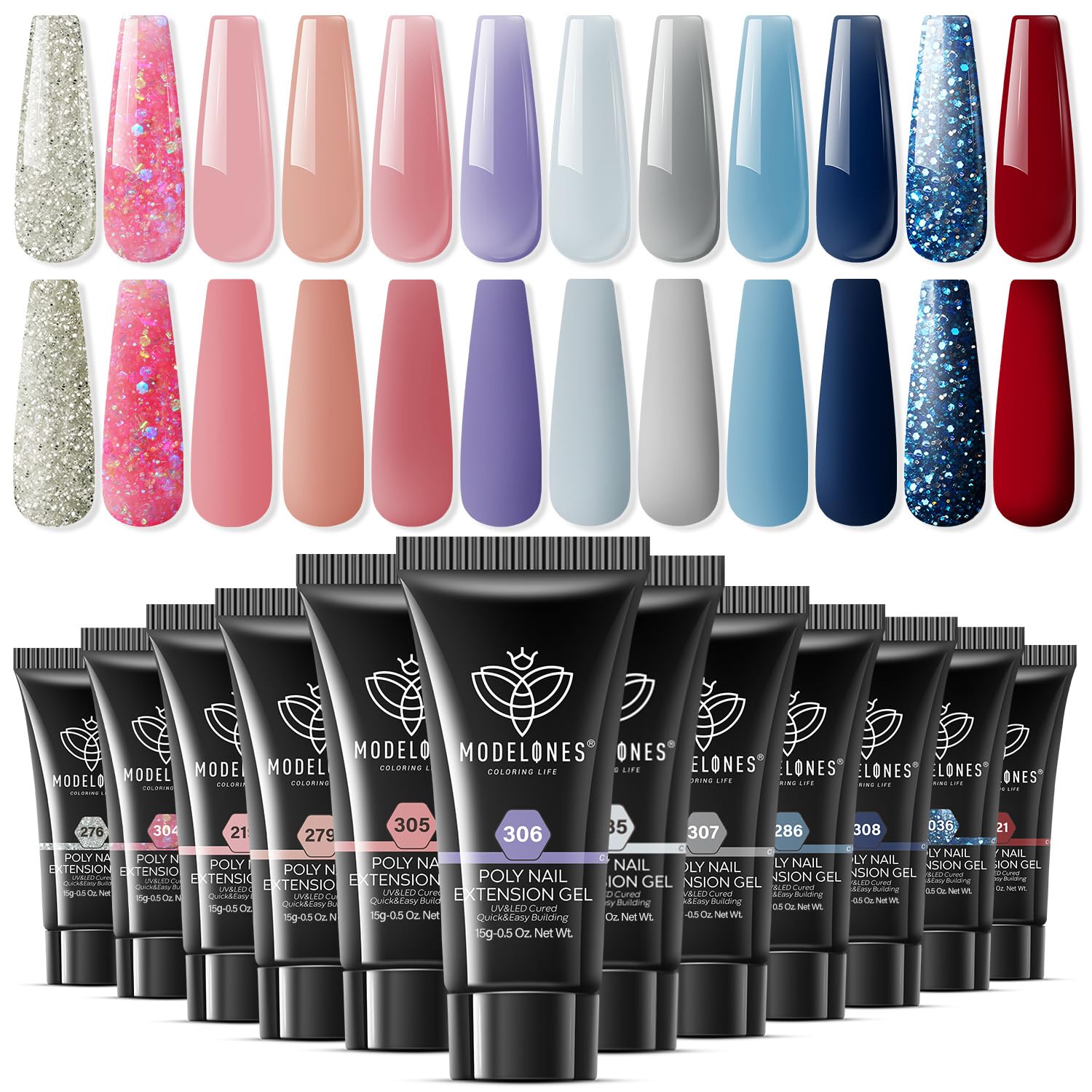 Modelones poly extension gel kit featuring 12 colors for versatile all-season nails.