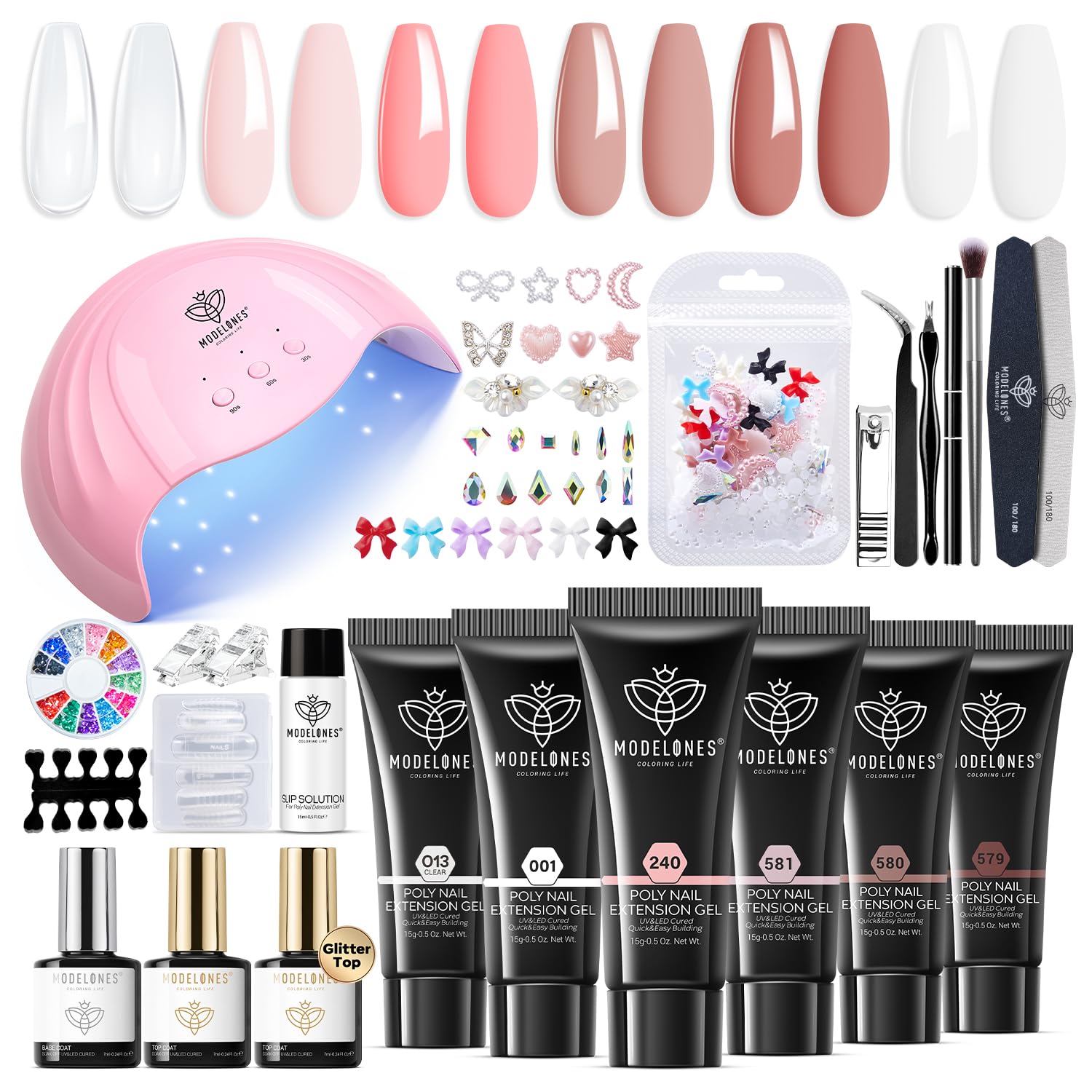 Modelones poly extension gel kit with six pink-nude colors for durable at-home nails.