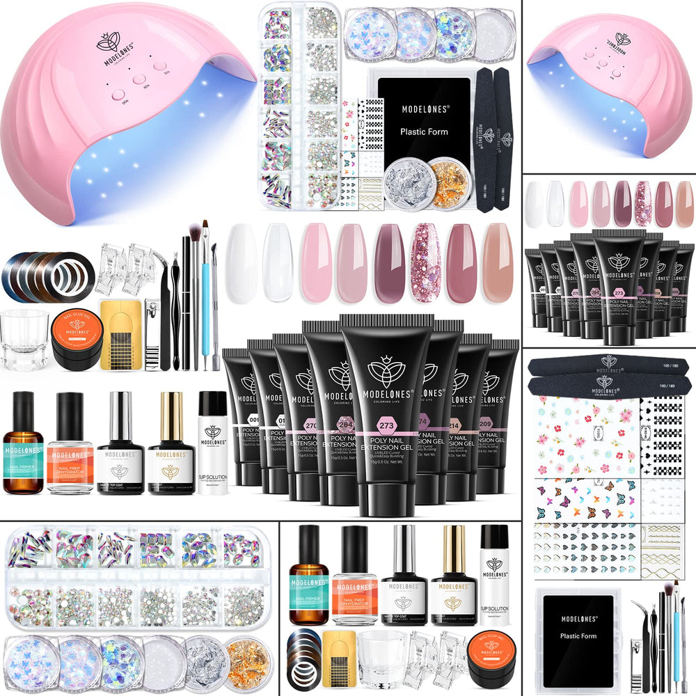 Modelones Poly Nail Gel Kit 8 rose-pink colors swatches for at-home salon-quality nails.