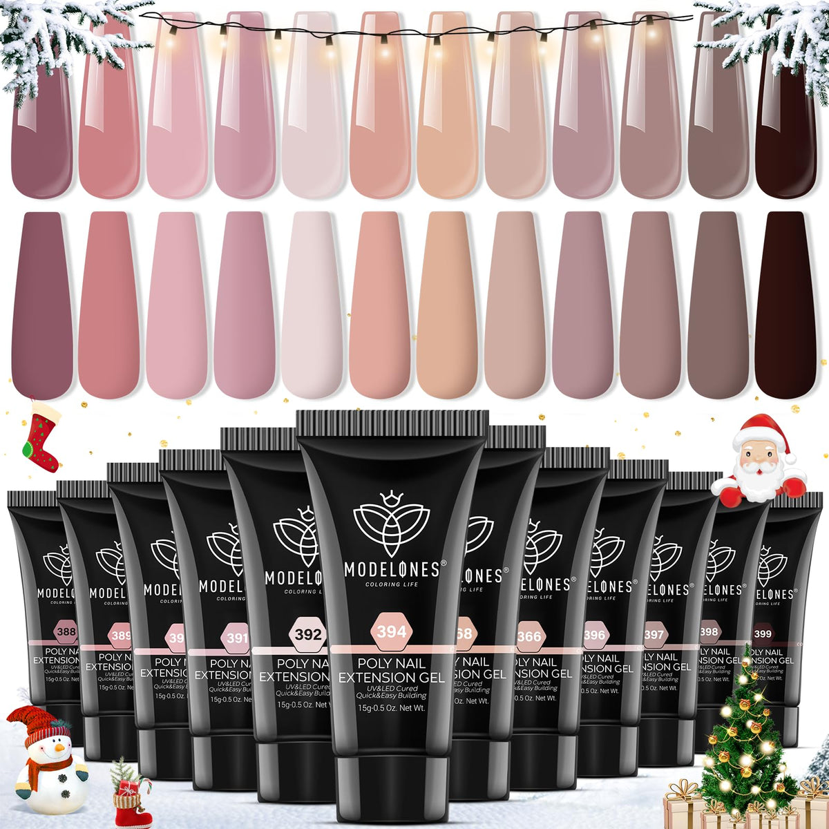 Modelones poly nail gel set shows 12-color palette for at-home manicures