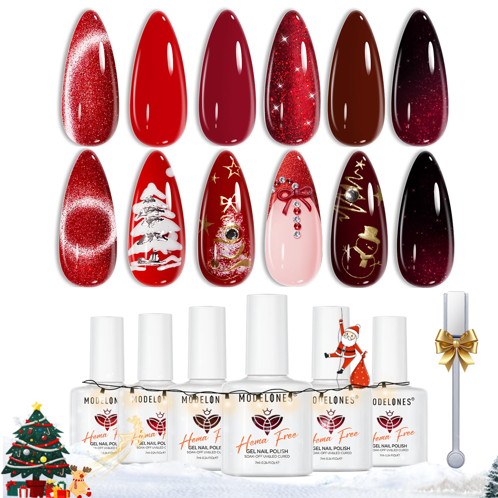 Modelones red gel nail polish set swatches show six festive shades with long-lasting color