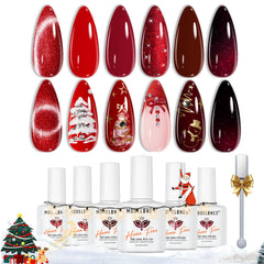 Modelones red gel nail polish set swatches show six festive shades with long-lasting color