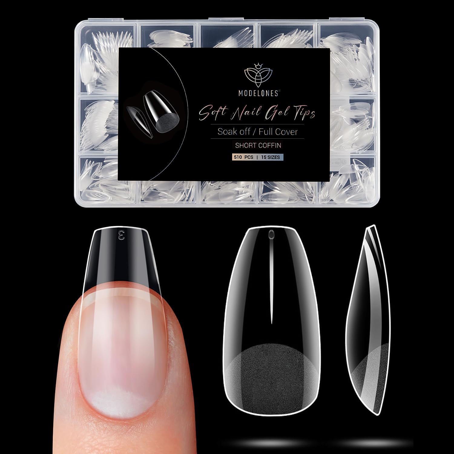 Modelones short coffin nail tips with full-cover design for quick at-home manicures.