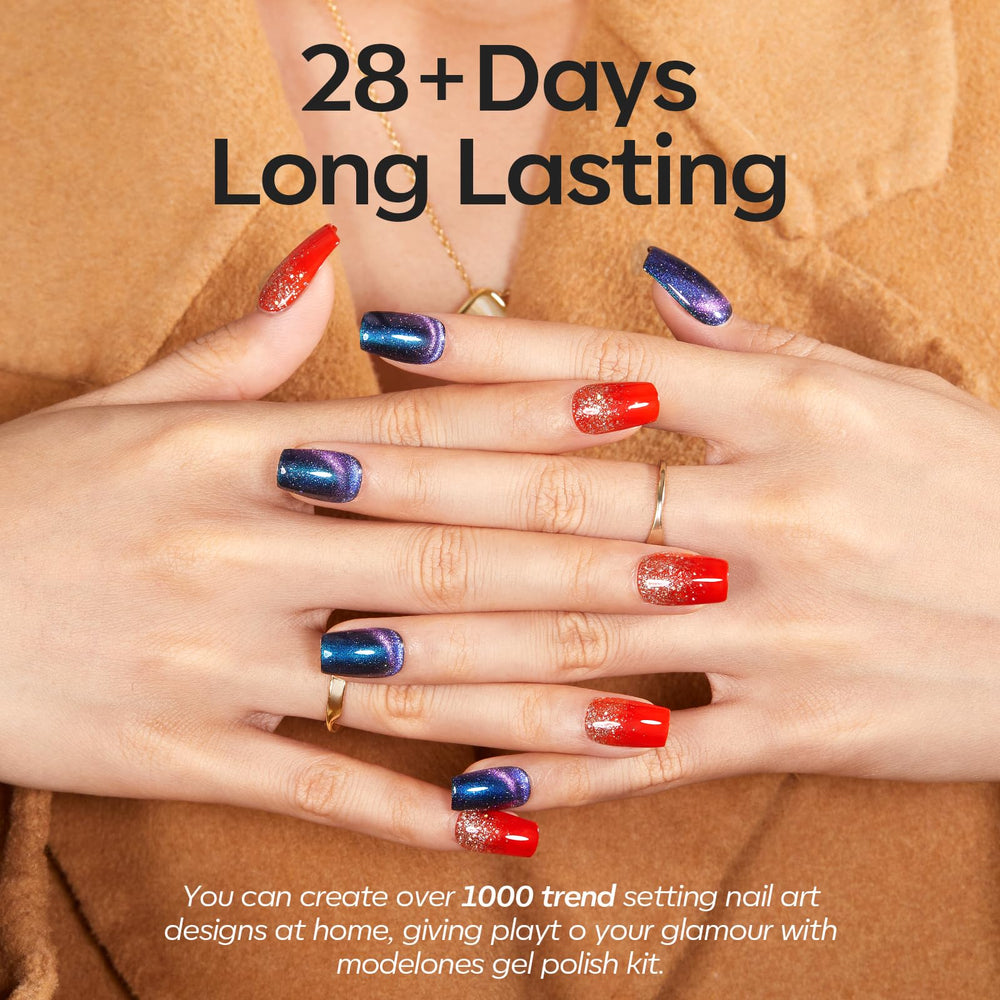 Modelones soak-off LED nail art kit for easy removal at home.