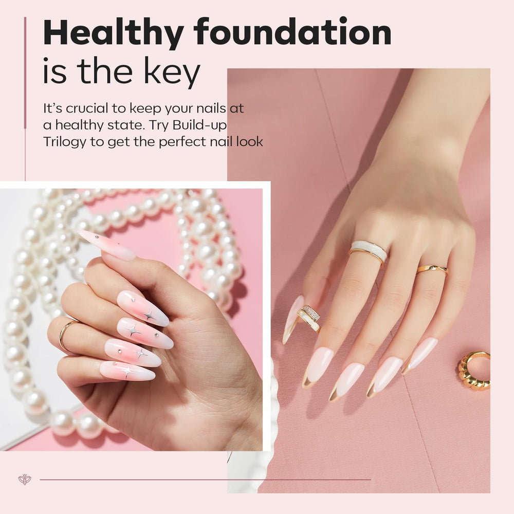 Modelones thickening extension effect on thin nails via dual-purpose base and color gel.