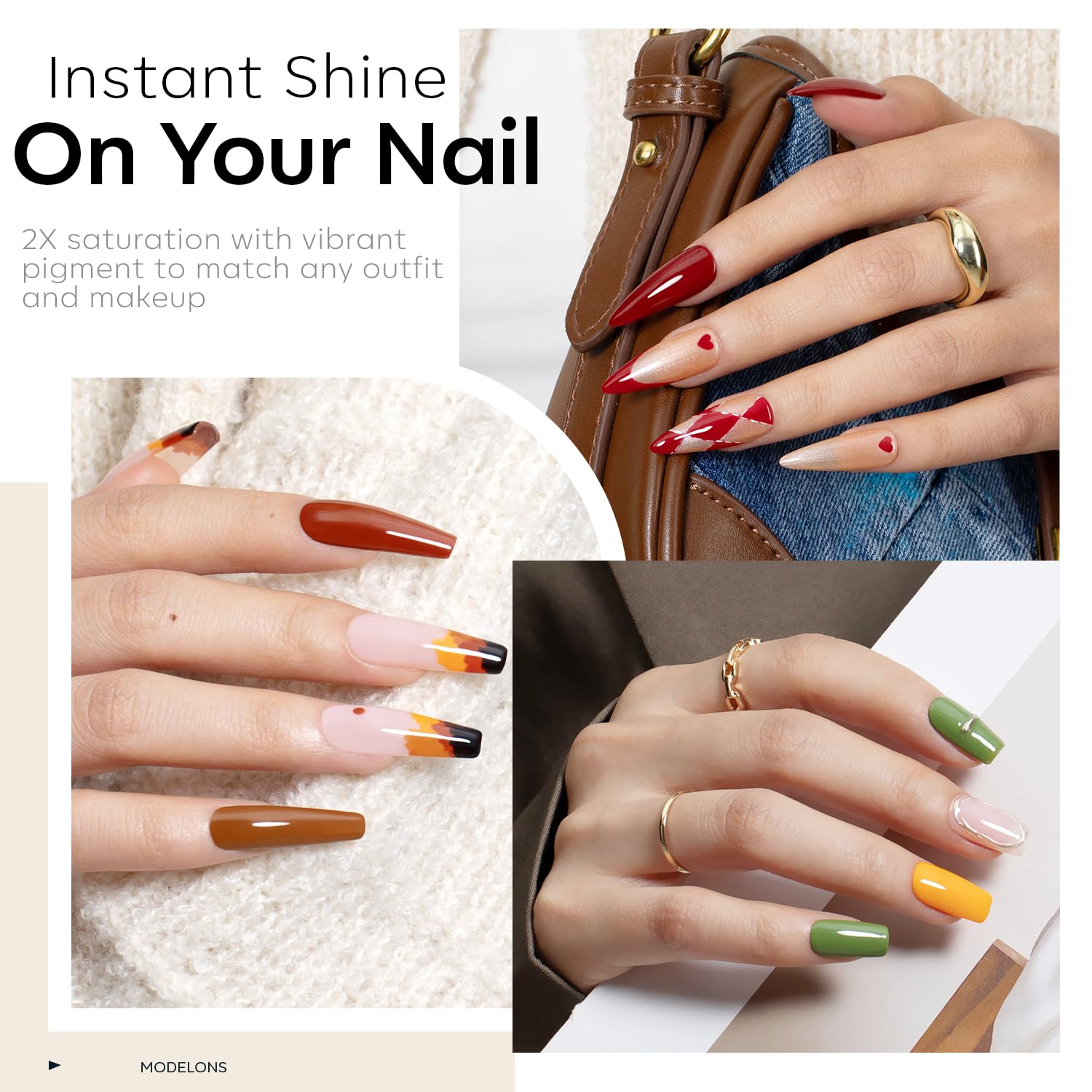 Modelones glossy top coat bottle for long-lasting shine.
