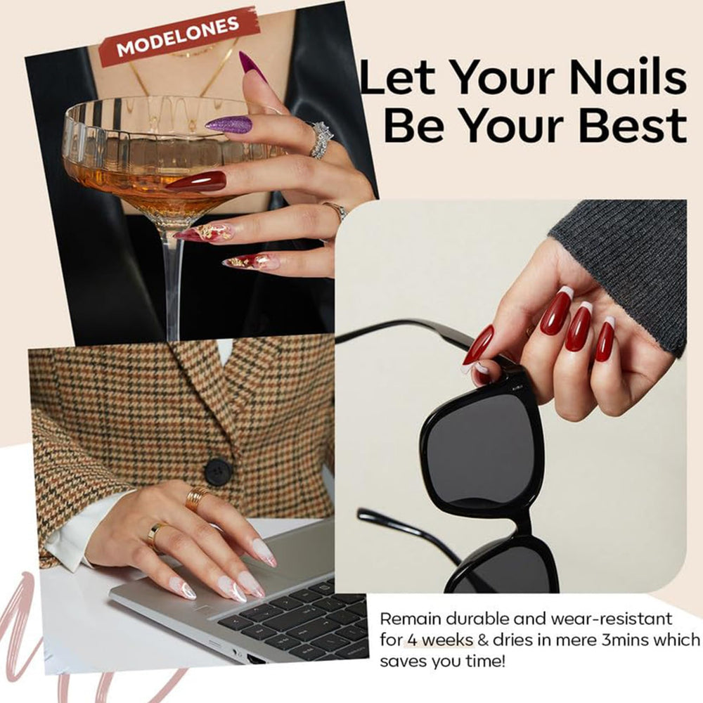 Modelones matte top coat bottle for a chic velvety finish.