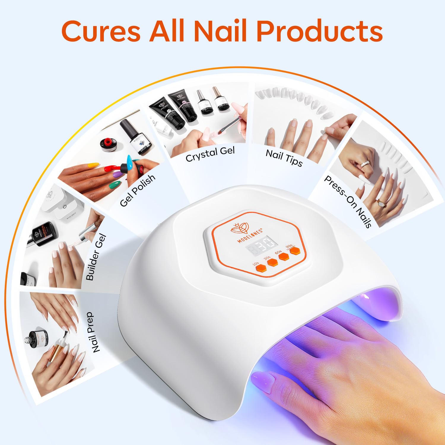 Modelones UV LED Nail Lamp control panel with four timer options for precise gels.