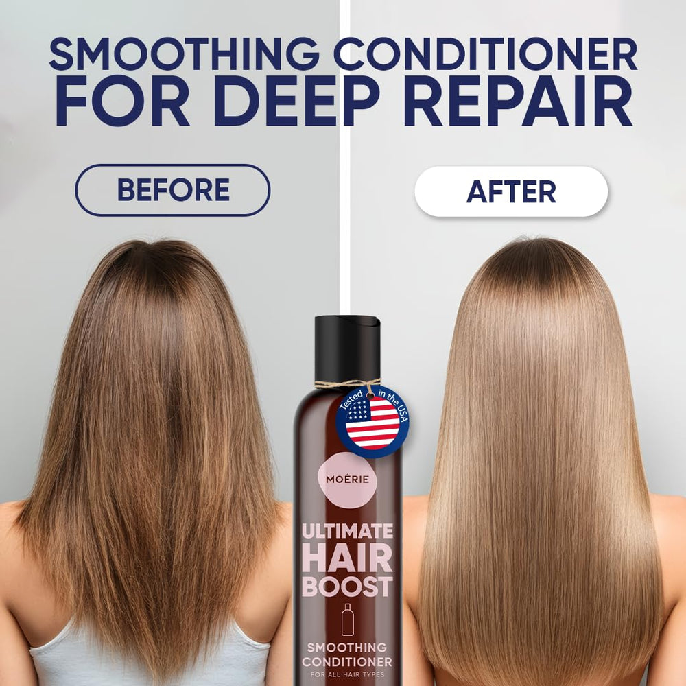 Moerie conditioner dispensing pump shows easy, mess-free daily application.