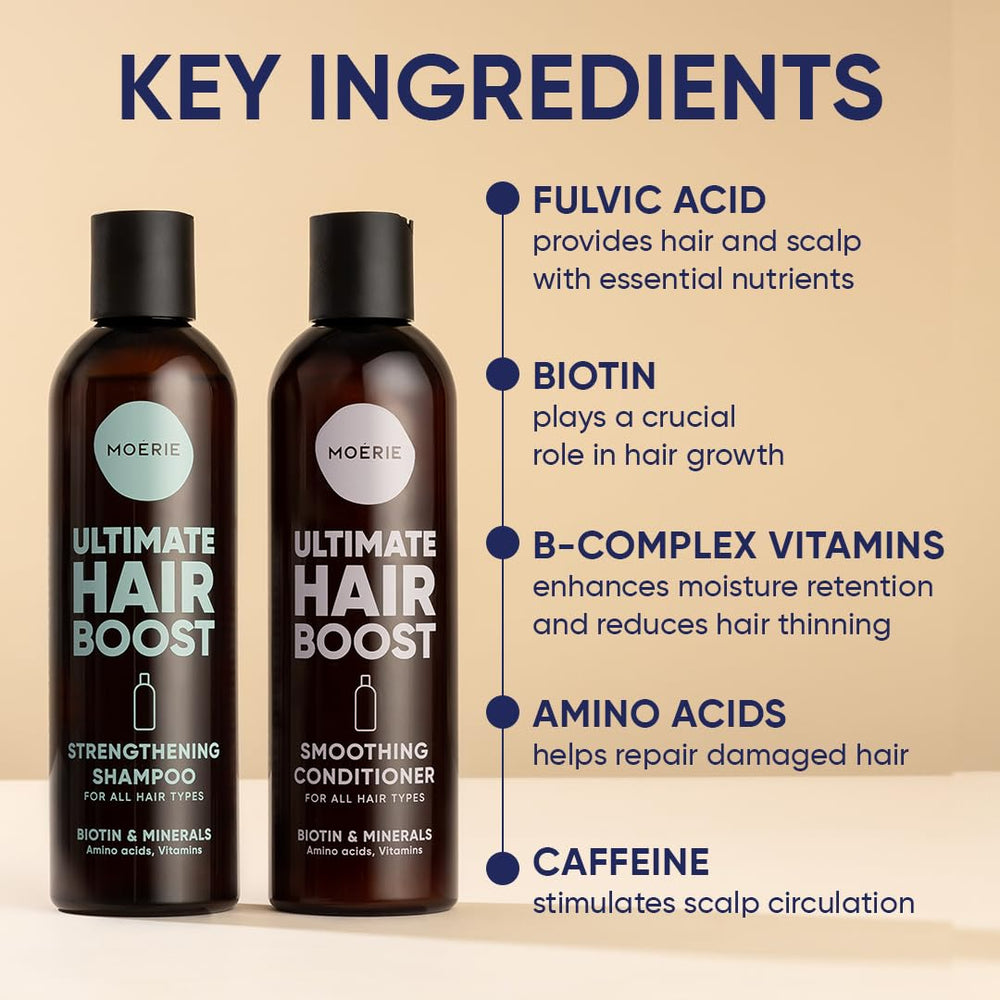 Moerie product detail featuring fulvic minerals and amino acids for scalp nourishment.