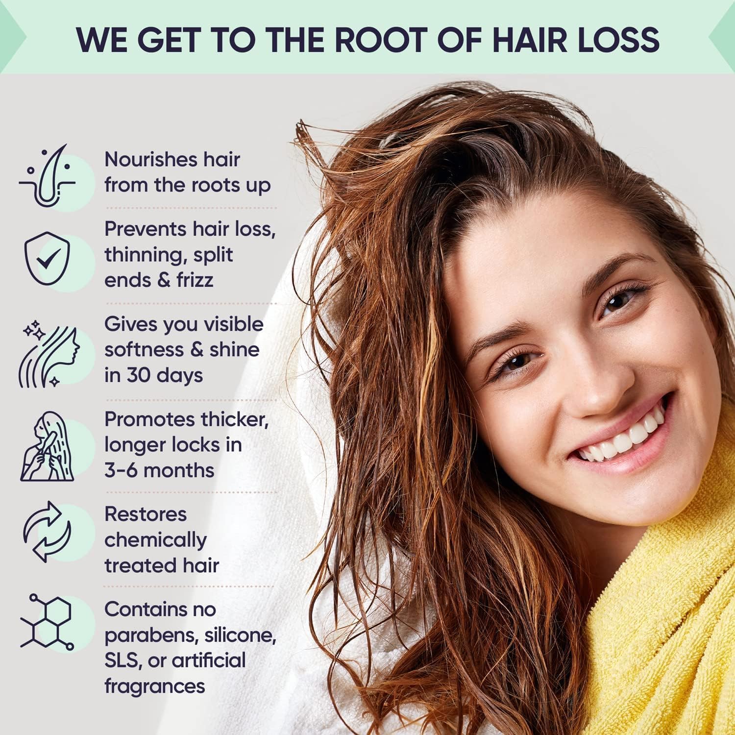 Moerie hair growth mask ingredients panel shows fulvic minerals and vitamins for nourished strands.