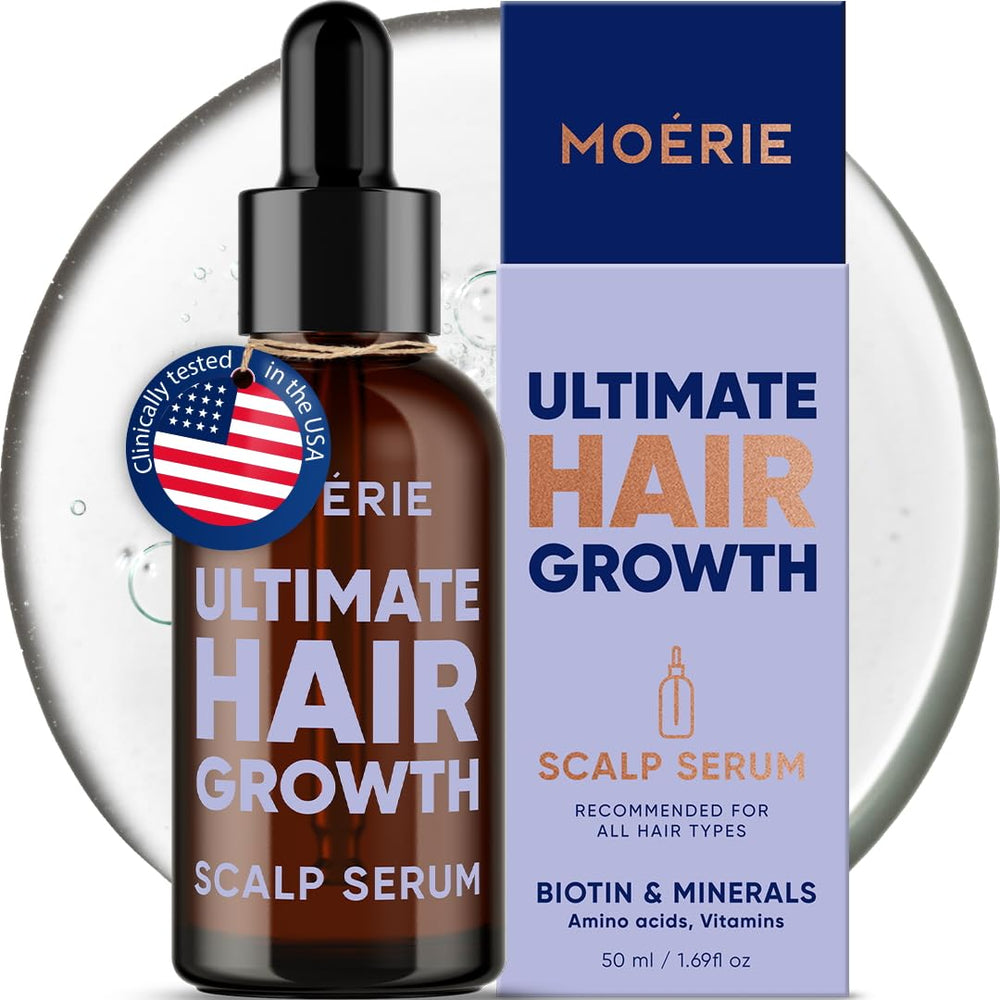 Moerie hair-growth-serum bottle demonstrates root-focused care for healthier-looking hair