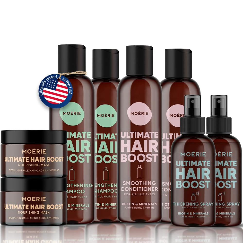 Moerie shampoo bottle shows natural formula for fuller, healthier hair.