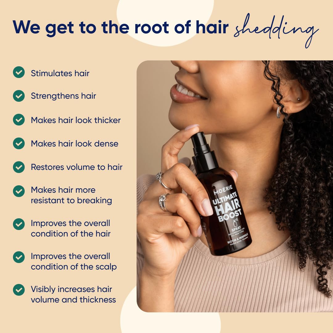 Moerie Ultimate Hair Boost Spray after-wash use promotes scalp nourishment.