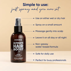 Moerie Ultimate Hair Boost Spray application demonstrates easy post-wash scalp care.