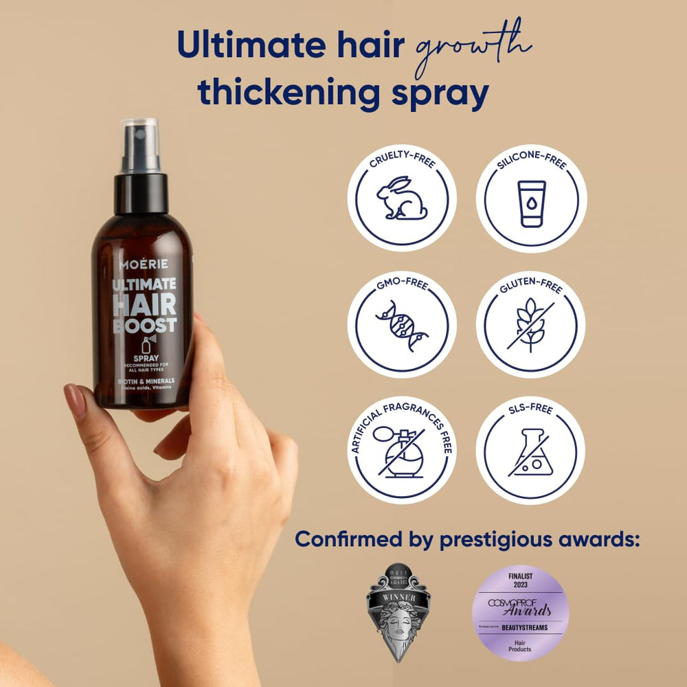 Moerie Ultimate Hair Boost Spray packaging emphasizes natural, non-GMO formula.
