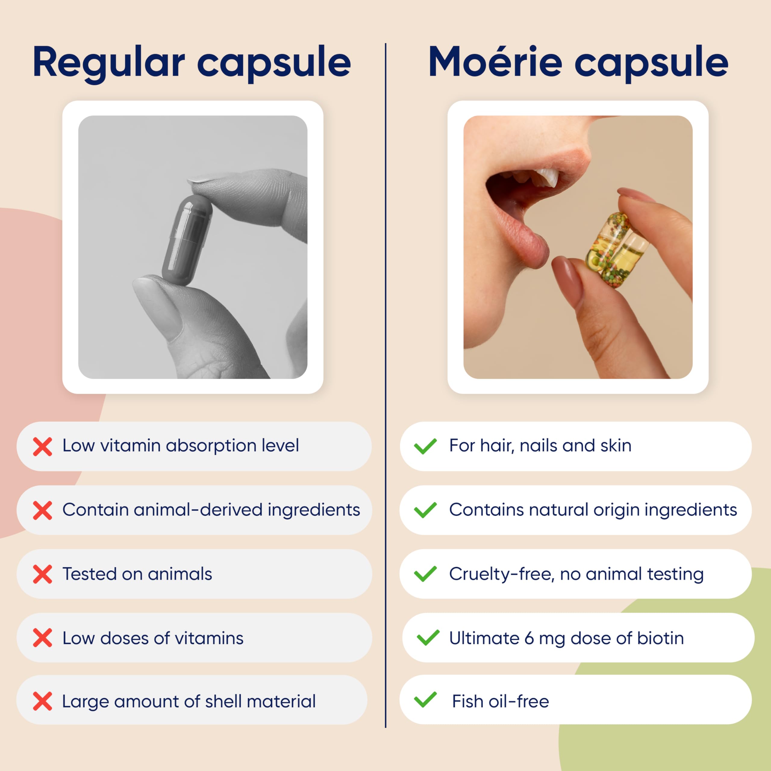 Moerie Ultimate Hair Boost use image shows a two-capsule daily routine.
