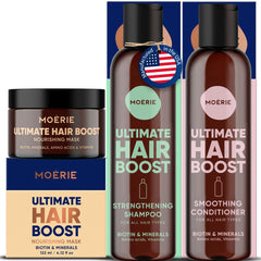 Moerie Ultimate Mineral Shampoo bottle shows gentle cleansing for fuller-looking hair