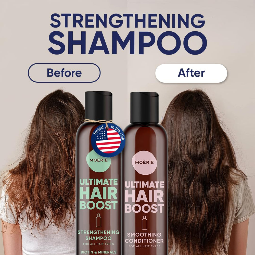 Moerie volumizing conditioner bottle closeup highlighting nourishing conditioning for fullness.