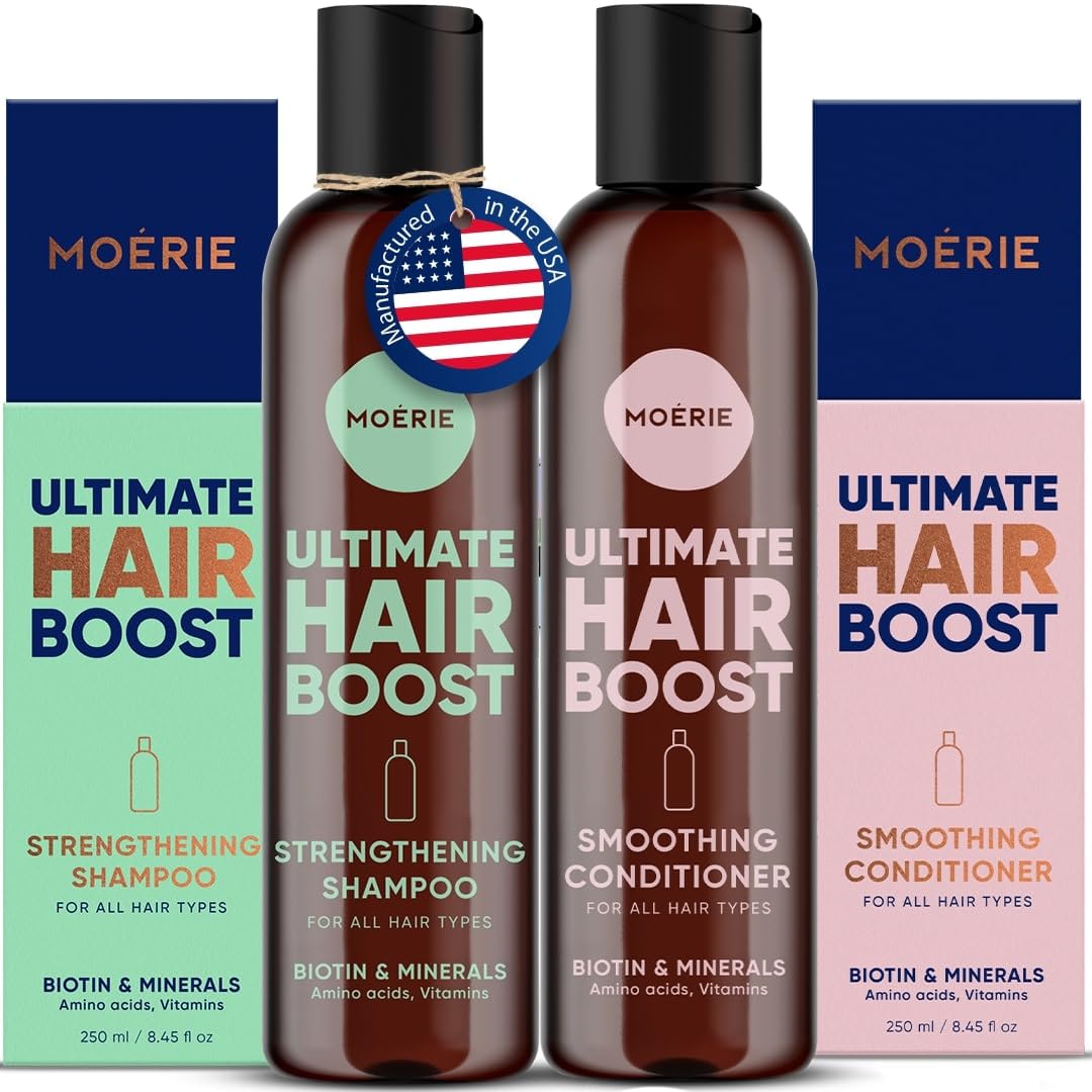 Moerie volumizing shampoo bottle closeup showing natural-origin formula for thicker hair.