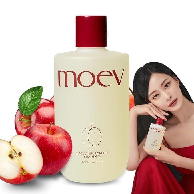 MOEV ANNURCATIN Shampoo bottle demonstrates lift and fullness for thinning hair.