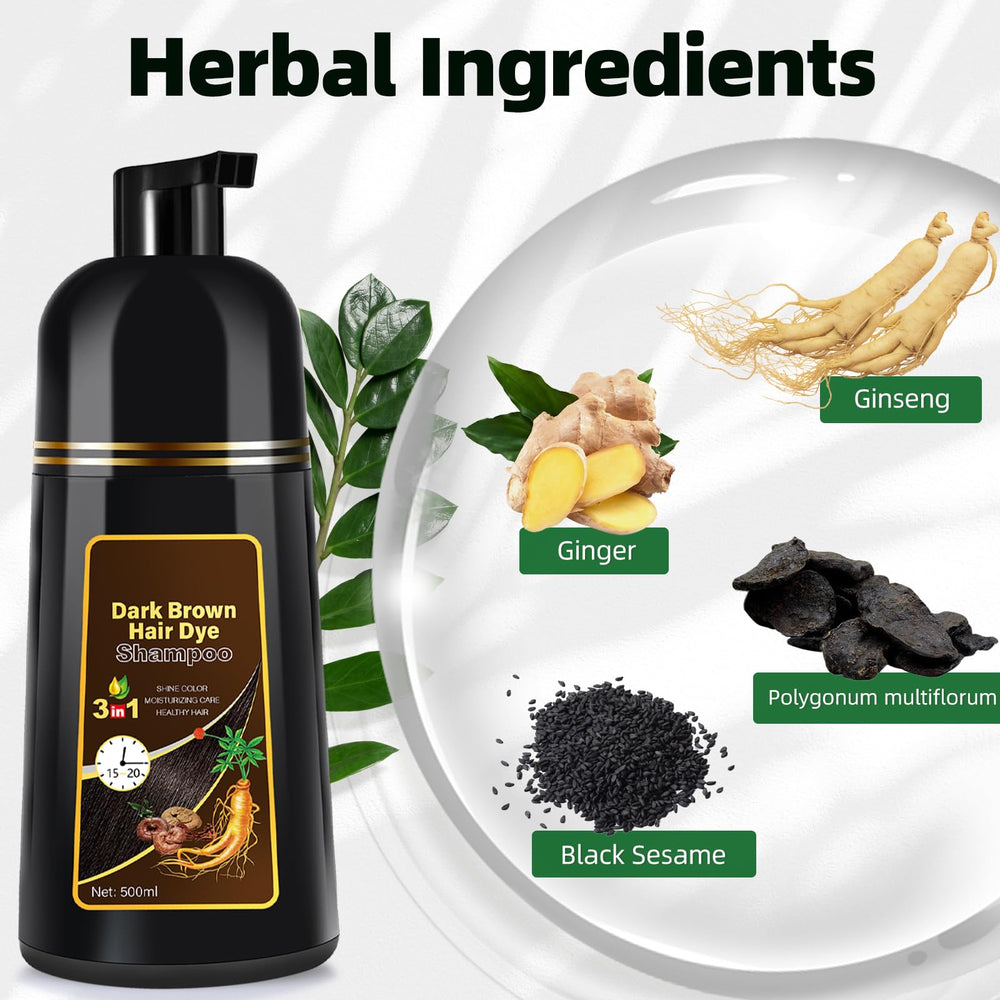 MOISTAR dark brown hair dye shampoo bottle highlighting herbal ingredients