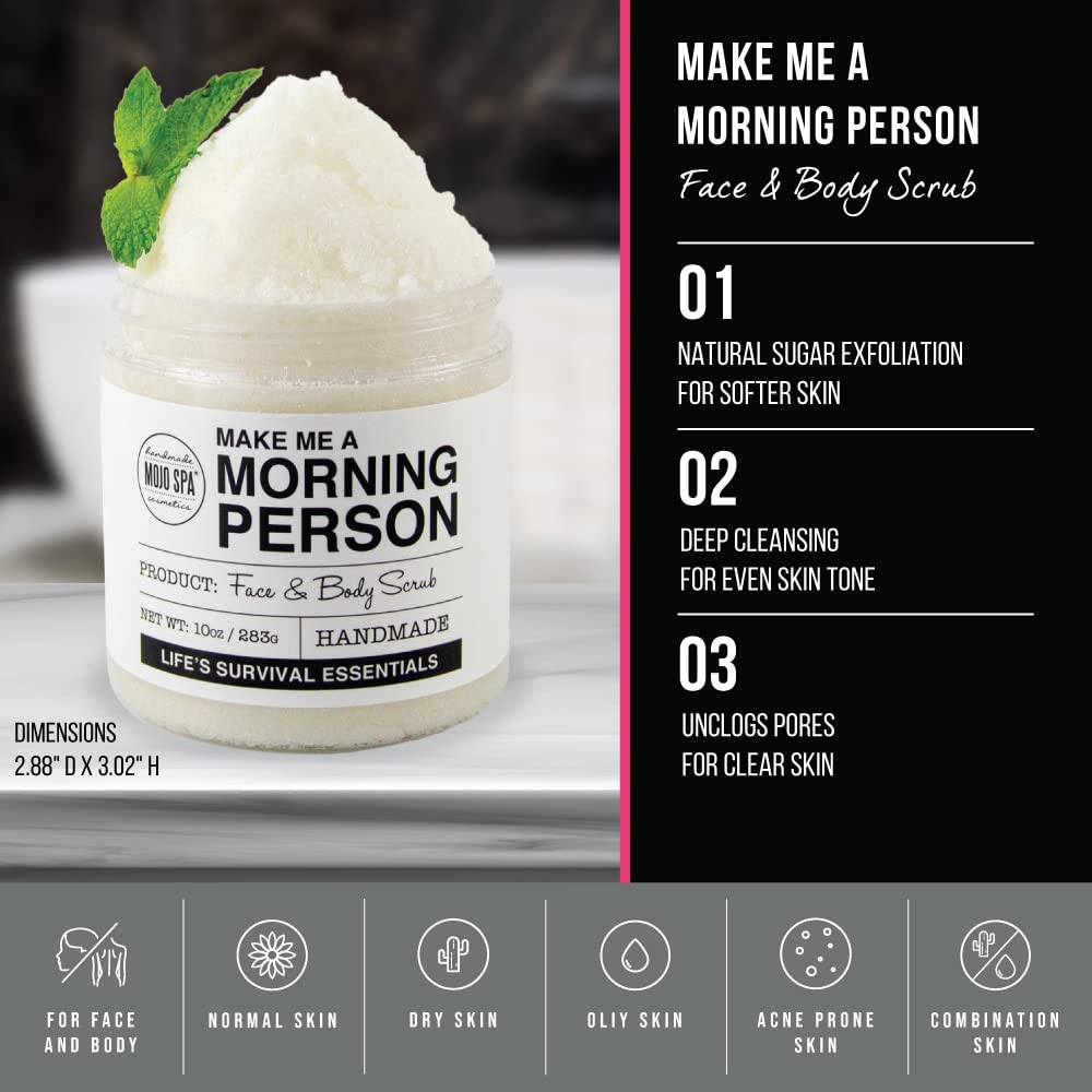 Mojo Spa Make Me a Morning Person Scrub ready for morning routine use on face and body.