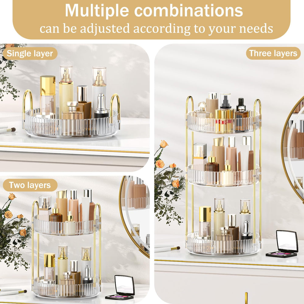 MOKANI 3-tier lazy susan levels: flexible spacing for lipsticks, perfumes, and brushes.