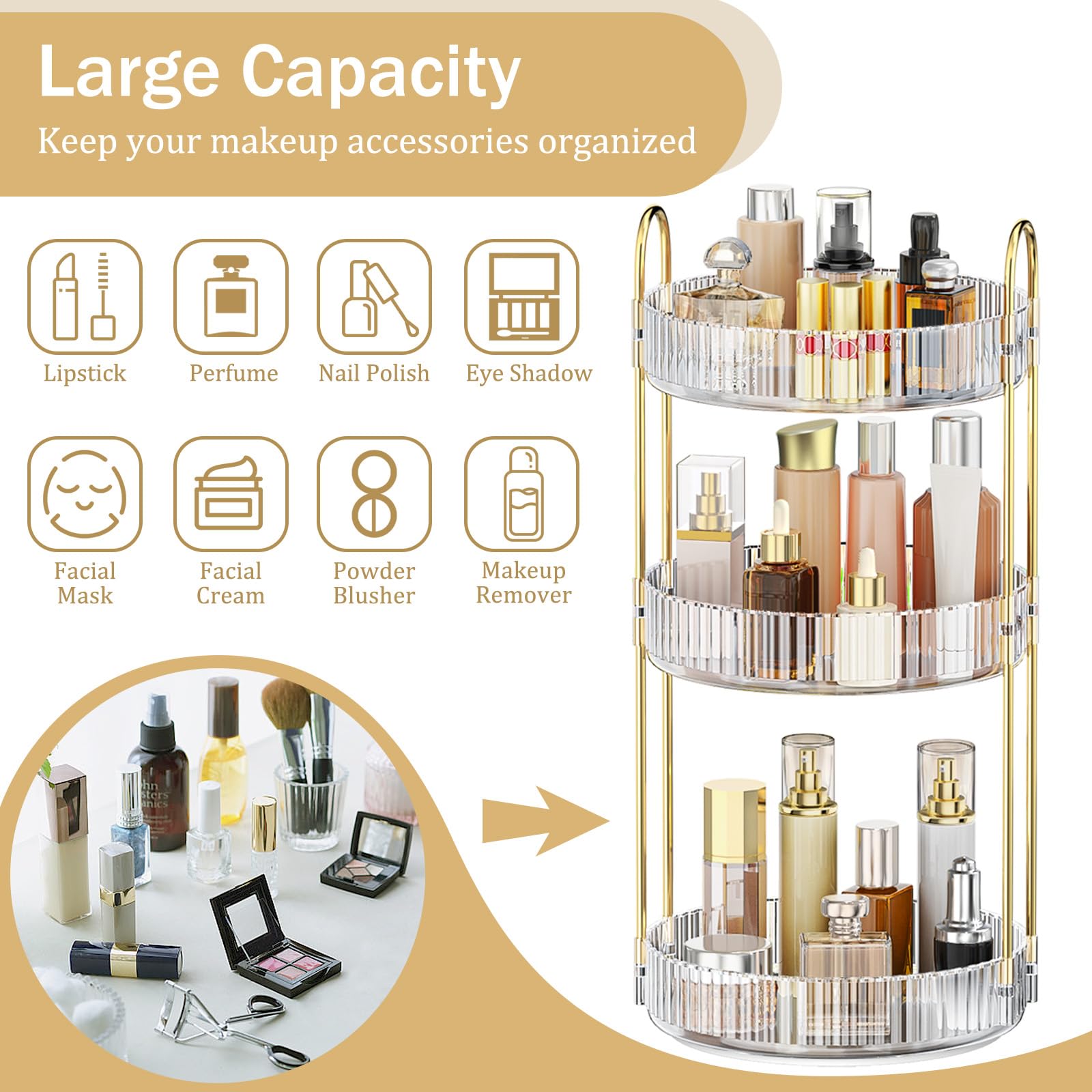 MOKANI 360 rotating organizer guardrail: keeps items secure while you browse the tiers.