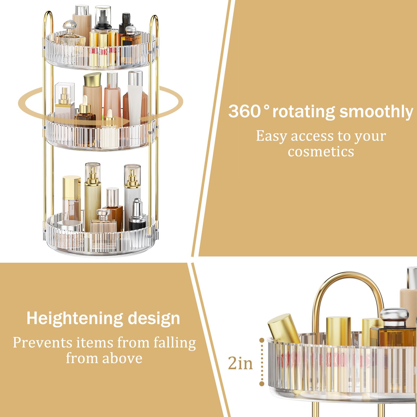MOKANI 360 rotating organizer spin action: effortless, spill-free rotation for every vanity item.