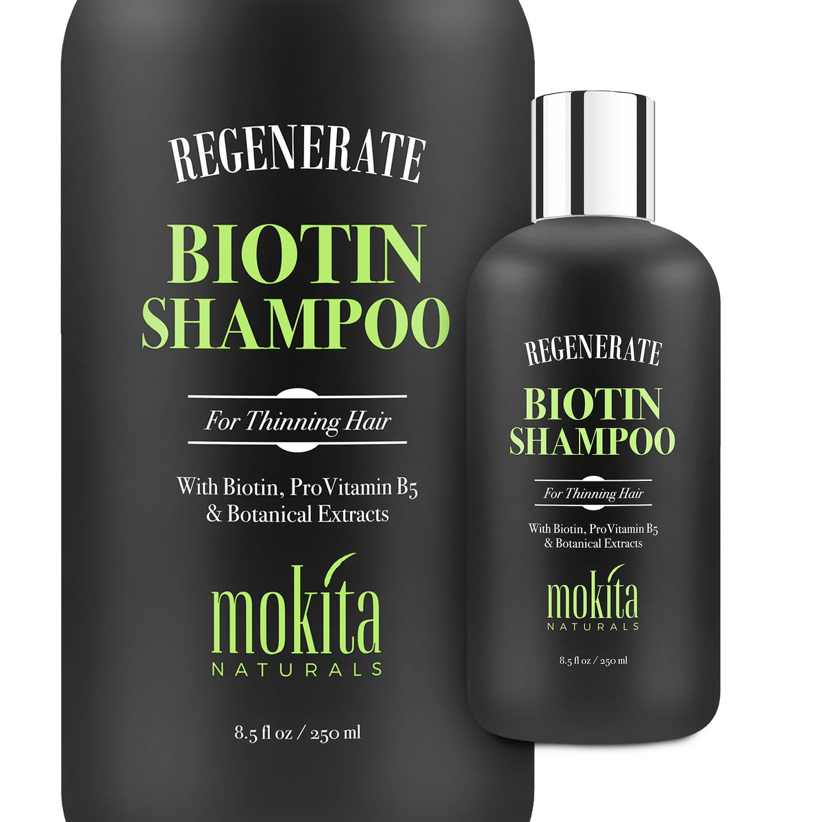 Mokita Naturals hair-volumizing shampoo bottle close-up promotes fuller-looking hair.