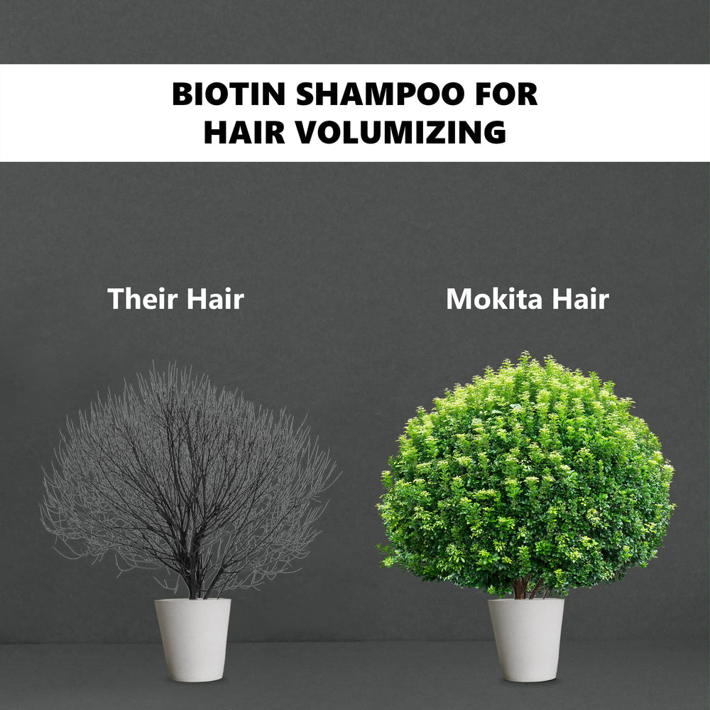 Mokita Naturals hair volumizing shampoo label highlights natural ingredients for healthier growth.