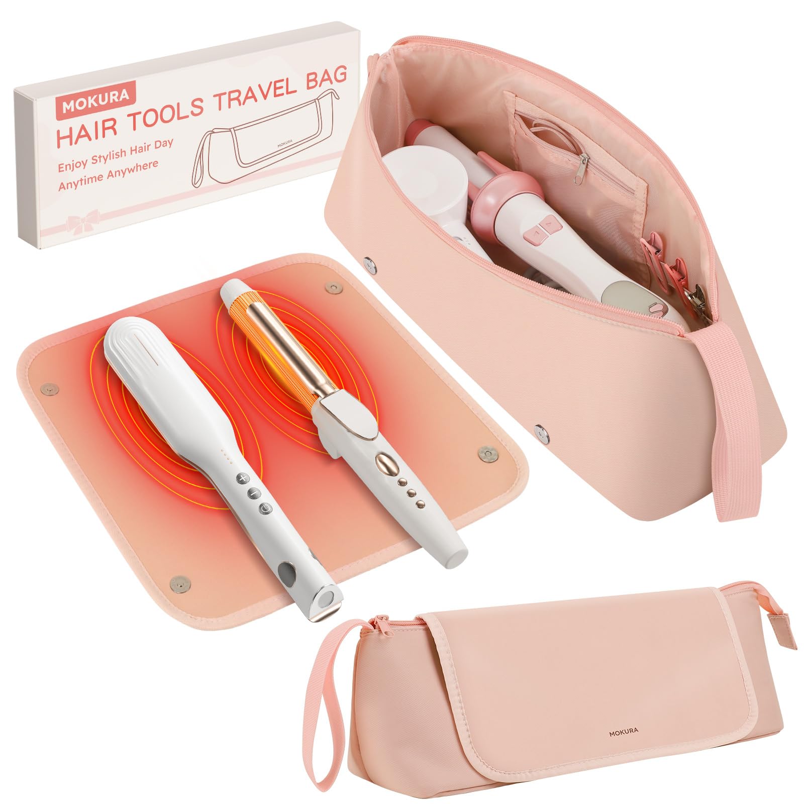 MOKURA hot hair tools travel bag with magnetic snaps keeps tools organized on the go.