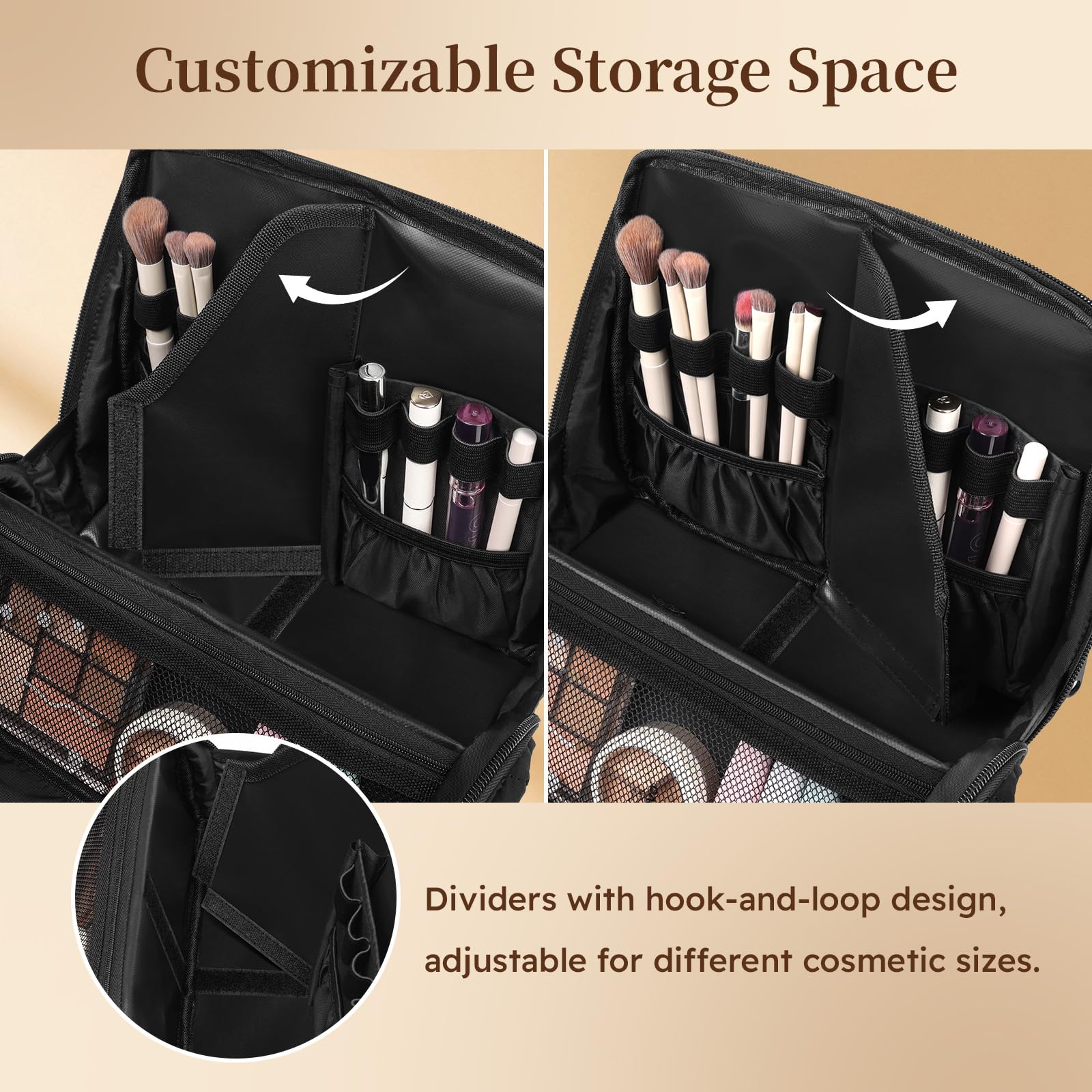 MOKURA Quilted Makeup Bag adjustable dividers show customizable space for organization on the go.