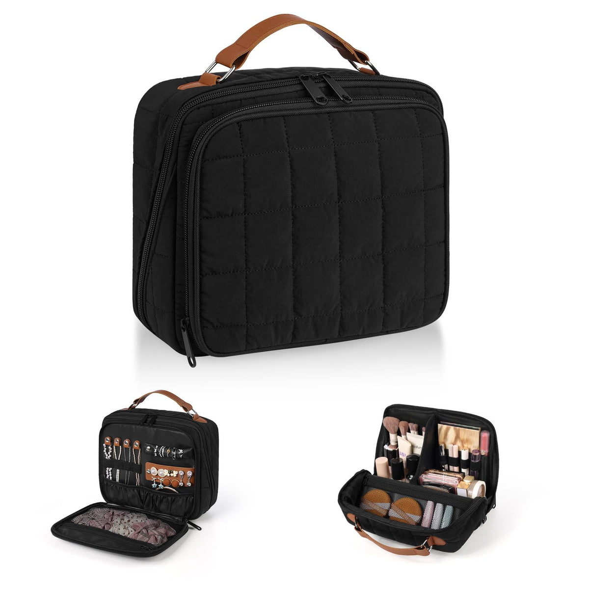 MOKURA Quilted Makeup Bag front view demonstrates large capacity for cosmetics and accessories.