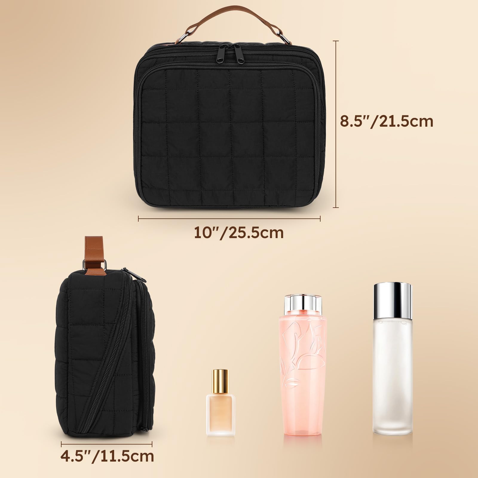MOKURA Quilted Makeup Bag upright standing design supports easy access and storage.