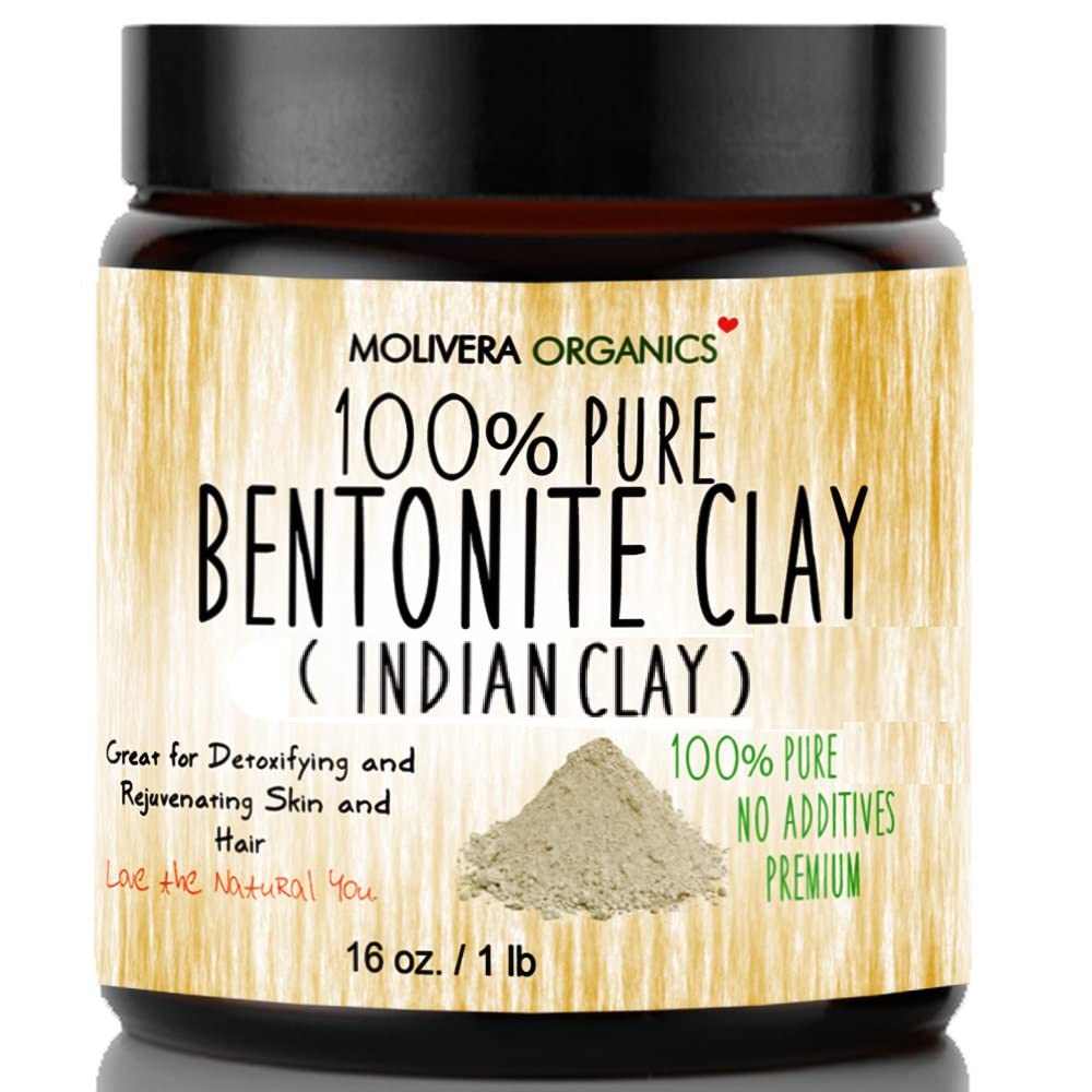 Molivera Organics bentonite clay powder in a jar for deep-clean pore cleansing
