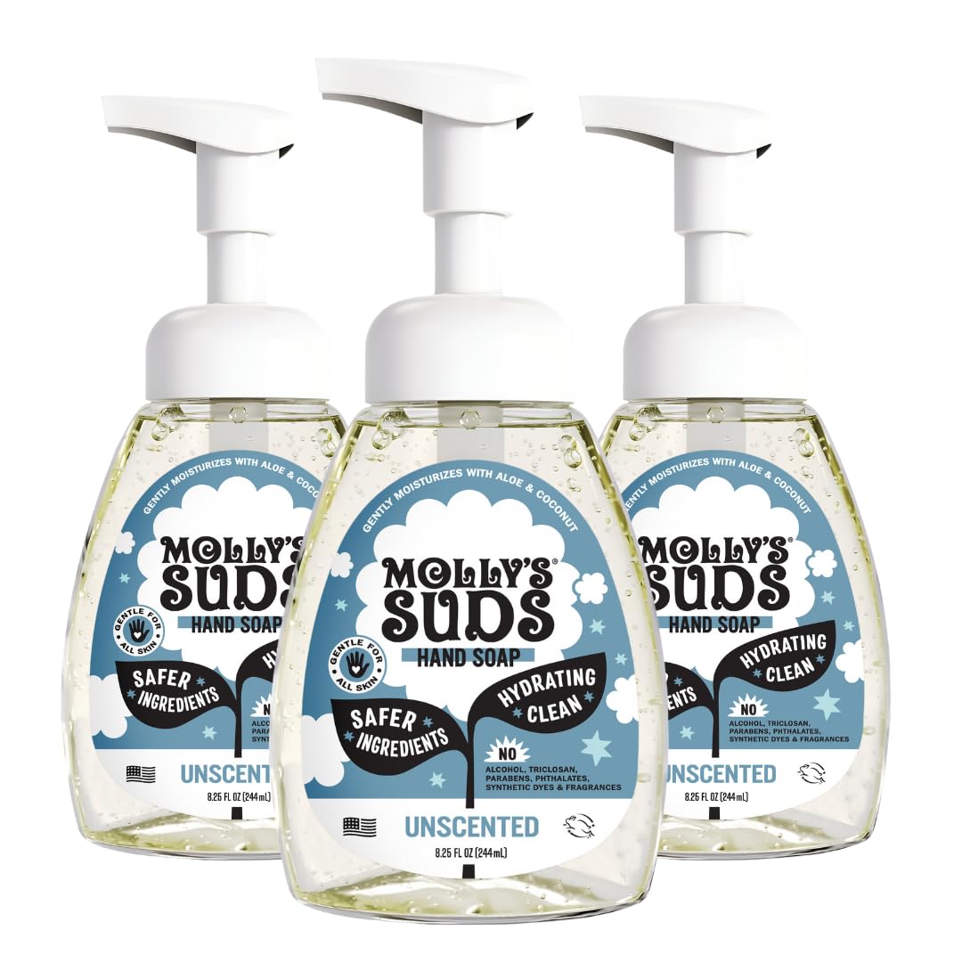 Molly's Suds foaming hand soap bottle close-up showing aloe and coconut oil for hydration.