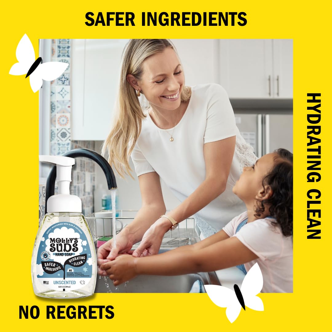 Molly's Suds foaming hand soap on kitchen sink for family use.