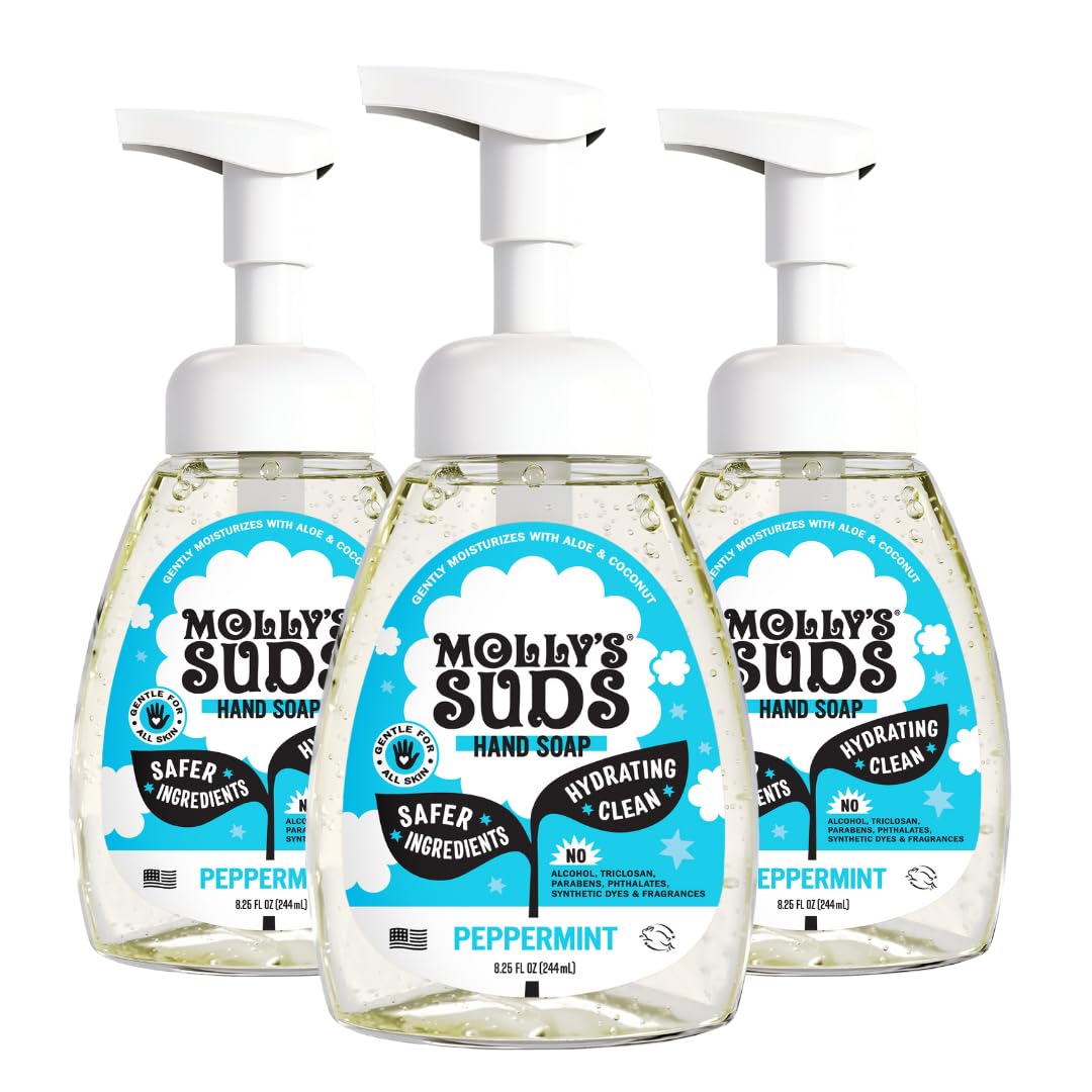 Molly's Suds foaming hand soap pump bottle shows gentle cleansing and moisturized skin.