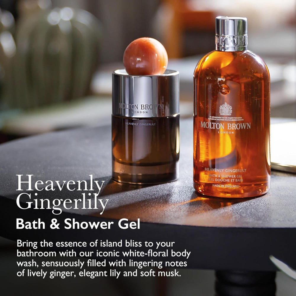 Molton Brown gel texture poured to show rich lather and gentle cleanse