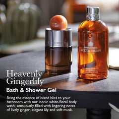 Molton Brown gel texture poured to show rich lather and gentle cleanse