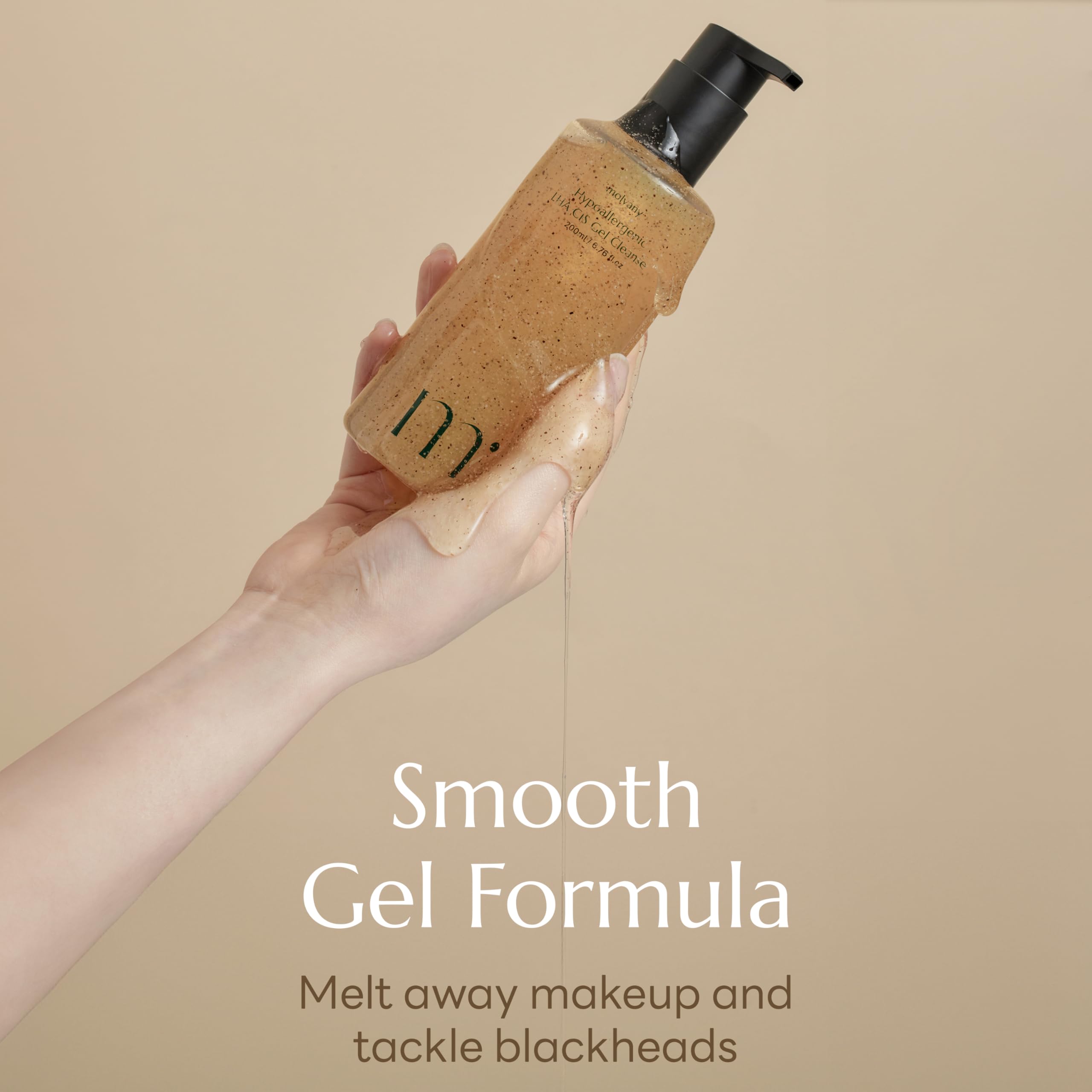 Molvany LHA CIS Gel Cleanser texture closeup showing gel formula and hydration.